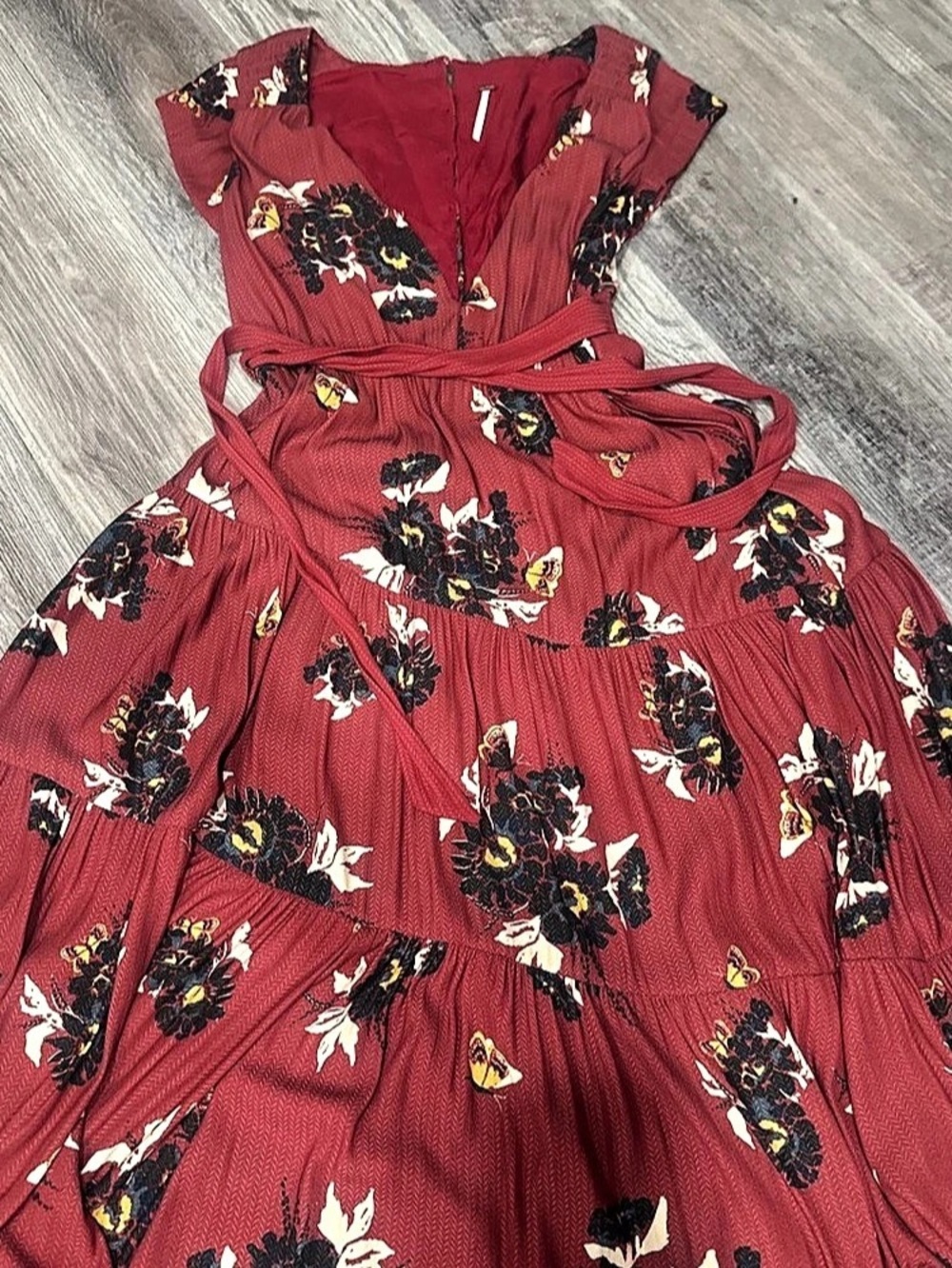 Free People Sea Ya Floral Butterfly Tiered Midi Dress Red & Black Size 6